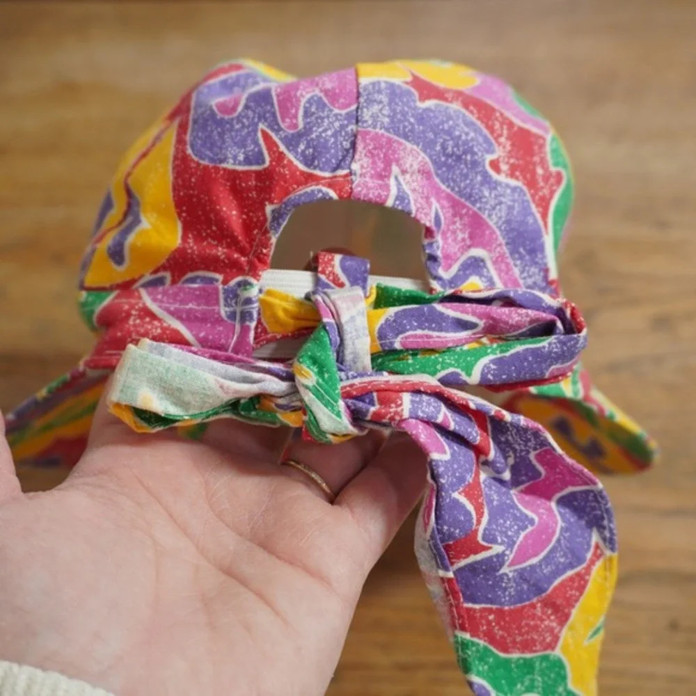 Vintage‎ 90s Multi Color Abstract Print Cotton Sun Hat Wide Brim Tie Back Womens